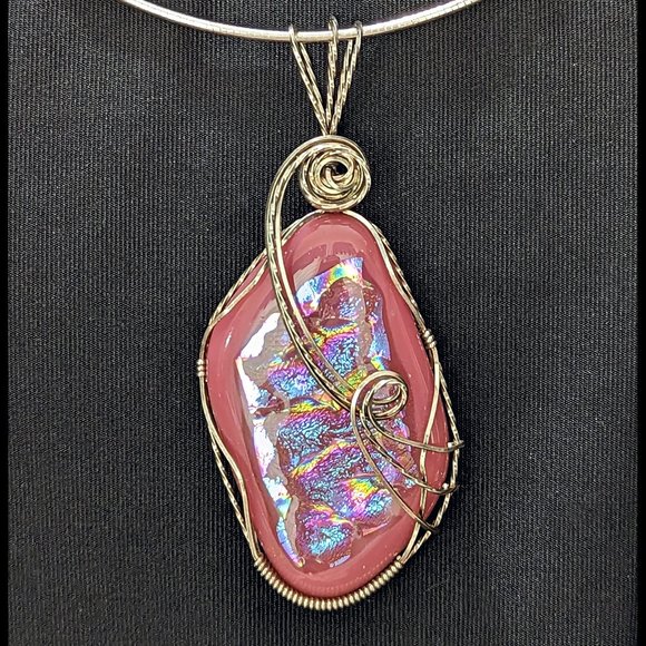 WOW Signed Pink * Rainbow * DICHROIC Sterling Silver Wire-Wrapped Glass Pendant - Picture 2 of 3